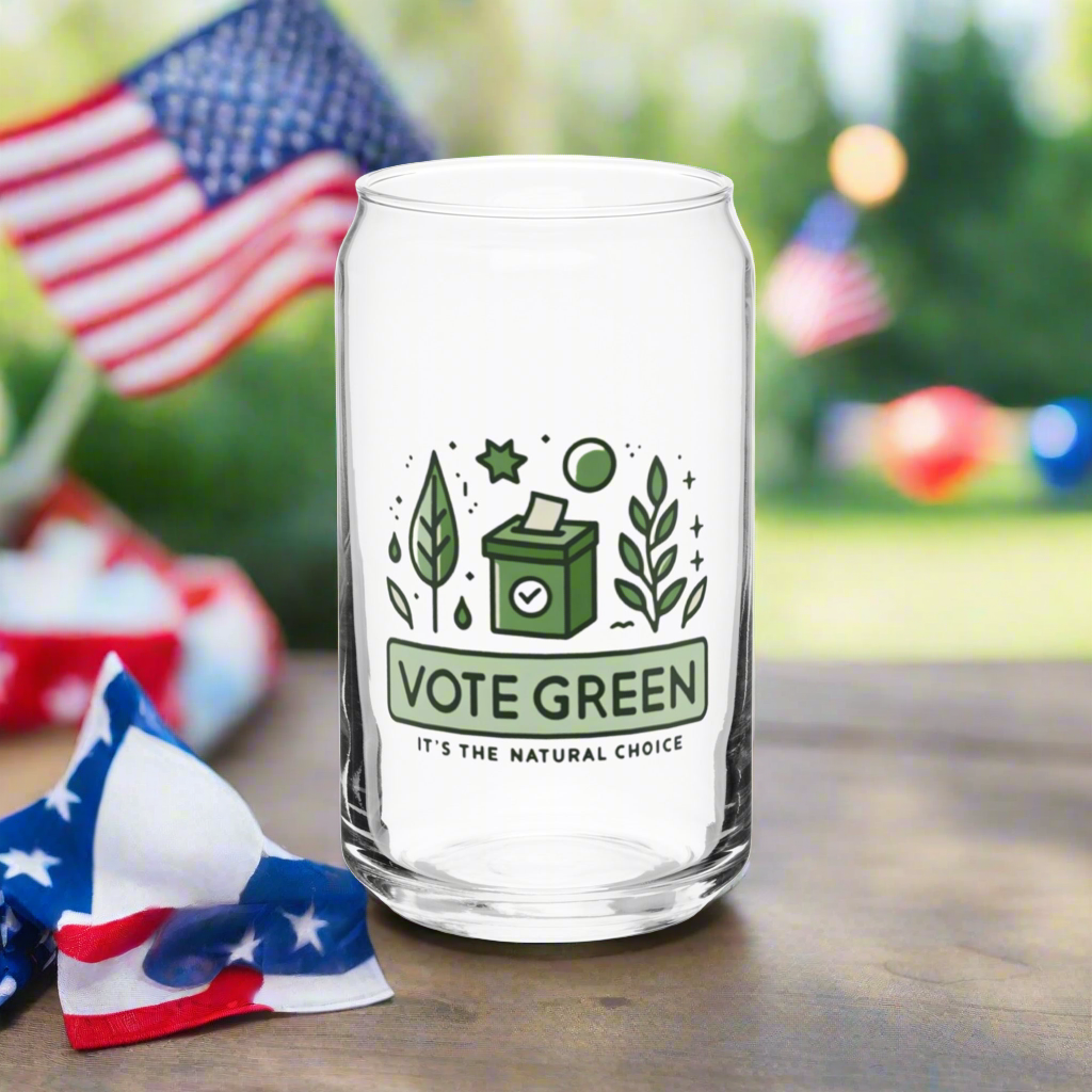 Vote Green Natural Choice can-shaped glass, eco-friendly design promoting sustainability and environmental awareness