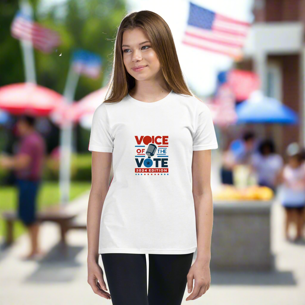 White Voice of the Vote 2024 Youth T-Shirt: Signature Debut Design for young patriots celebrating democracy and freedom.