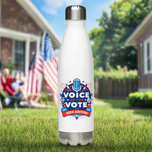 Voice of the Vote 2024 Edition stainless steel water bottle, limited edition patriotic design, stay hydrated and show your support for voting rights.