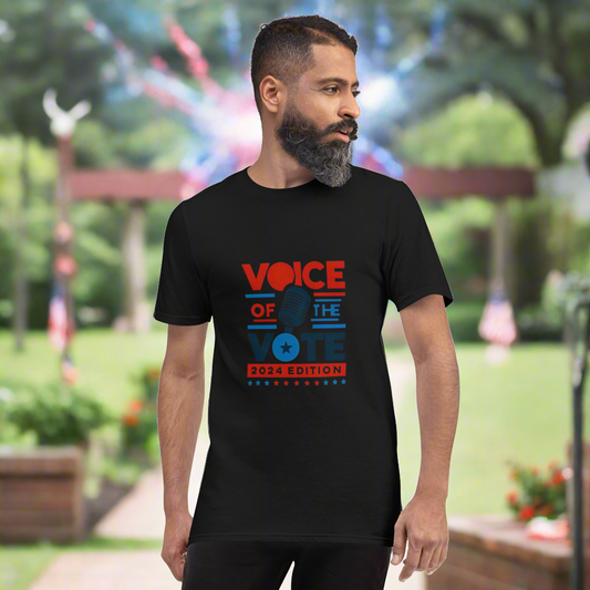 Voice of the Vote Signature Unisex T-Shirt featuring a bold design promoting civic engagement, worn by a man in a patriotic setting-Black