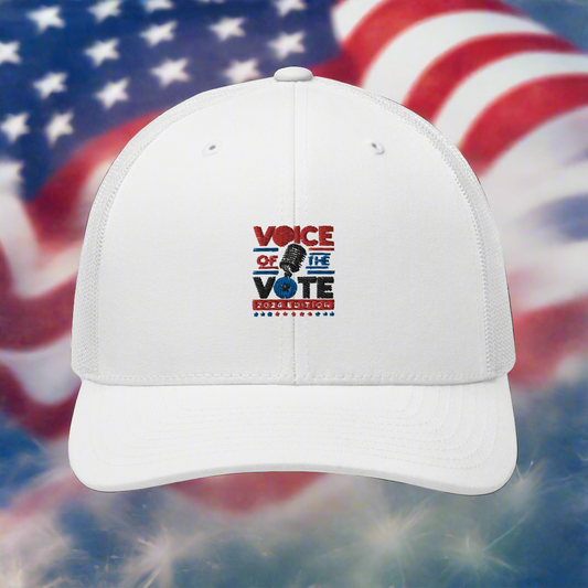 “Voice of the Vote 2024 Edition Trucker Hat in white, featuring a stylish embroidered design promoting civic engagement and American pride” front view