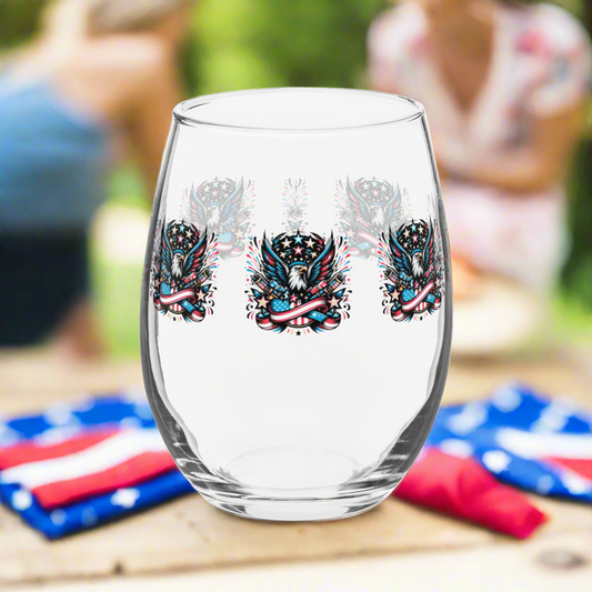 Patriotic Eagle Design Stemless Wine Glass with American Flag and Fireworks - Perfect for 4th of July Celebrations - Limited Edition from Vote2024.shop