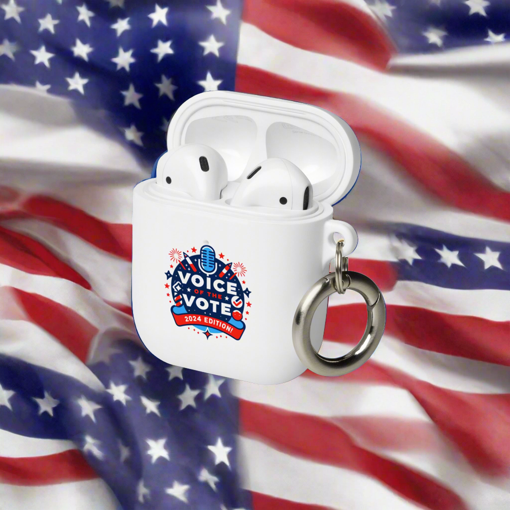 Voice of the Vote 2024 Edition Rubber Case for AirPods® in white, featuring a patriotic design and keyring for easy attachment.