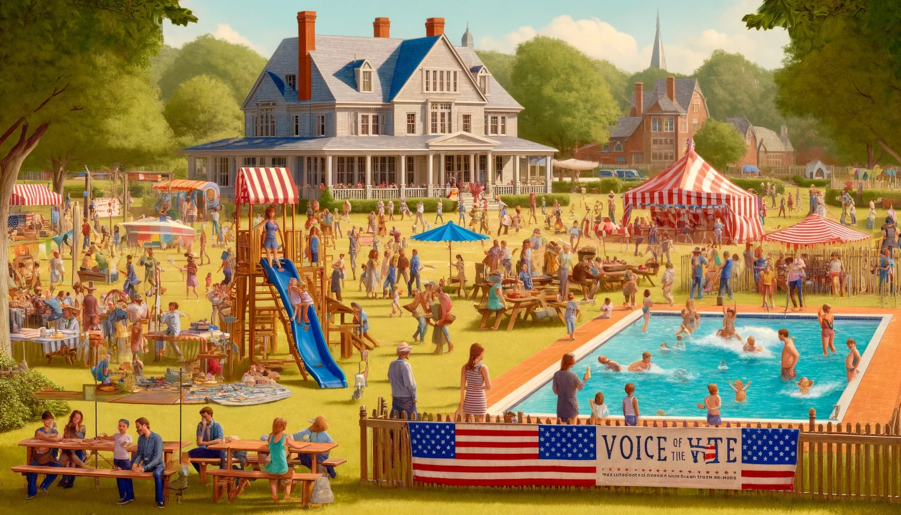 4th of July community celebration at a large historic house with patriotic and eco-friendly "Voice of the Vote" merchandise. The festive event features a pool, playground, food stalls, and numerous families enjoying activities, emphasizing unity and civic engagement.