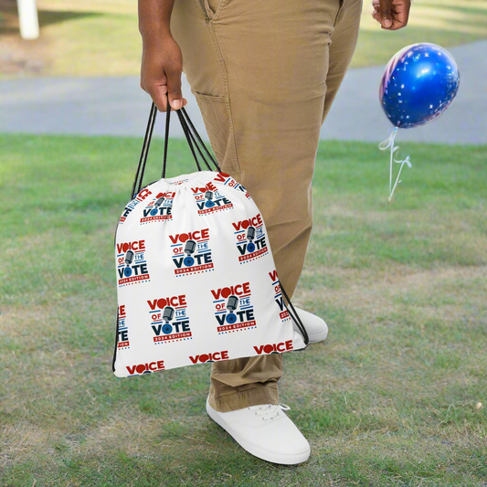 Voice of the Vote 2024 Edition drawstring bag with repeat logo design, featuring durable material and perfect for carrying essentials.