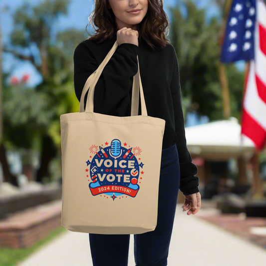 Voice of the Vote 2024 Eco Tote Bag with fireworks design 