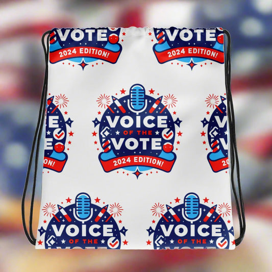 Voice of the Vote 2024 Edition drawstring bag with a patriotic design, featuring the logo and durable material, perfect for carrying essentials.