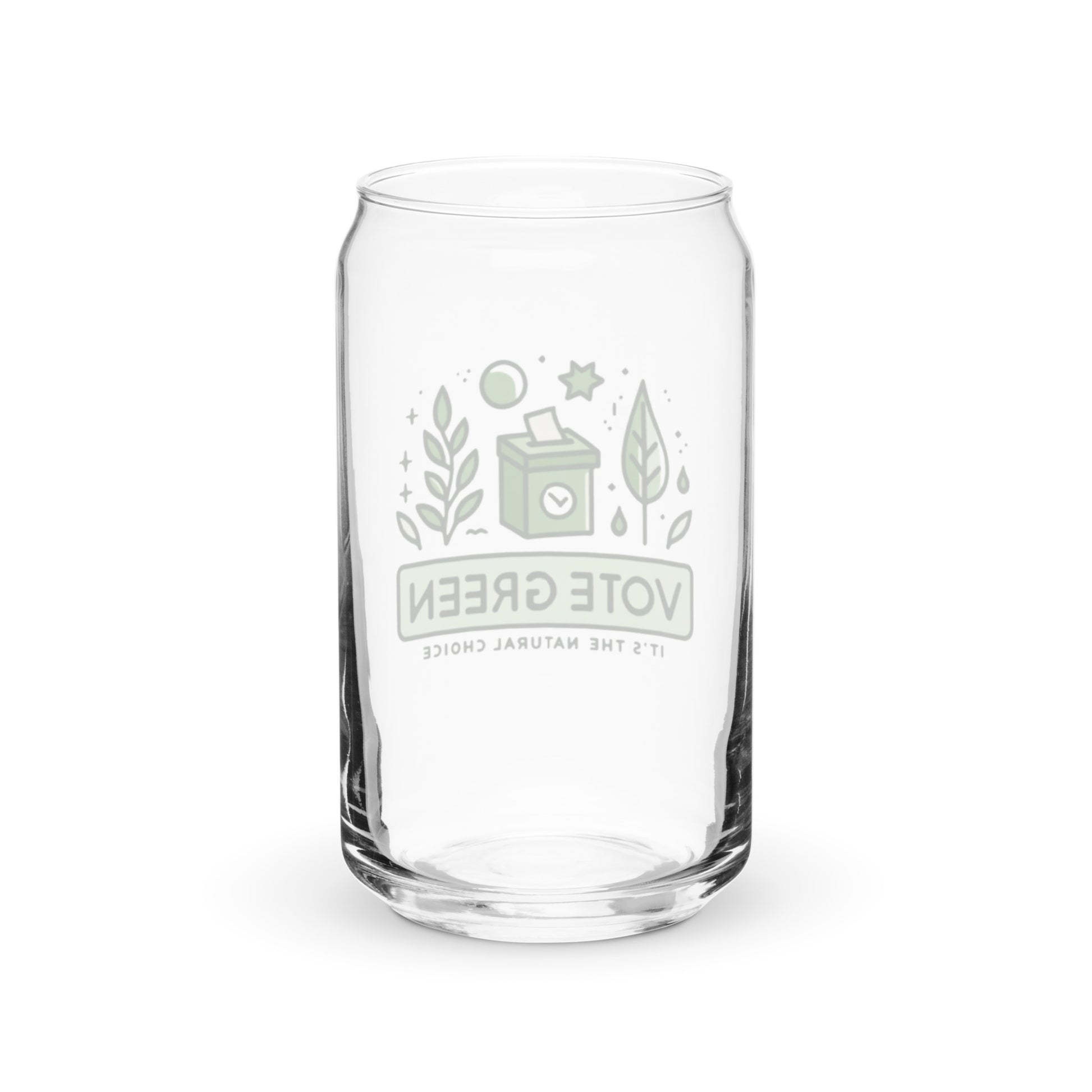 Vote Green Natural Choice can-shaped glass, eco-friendly design promoting sustainability and environmental awareness- back view