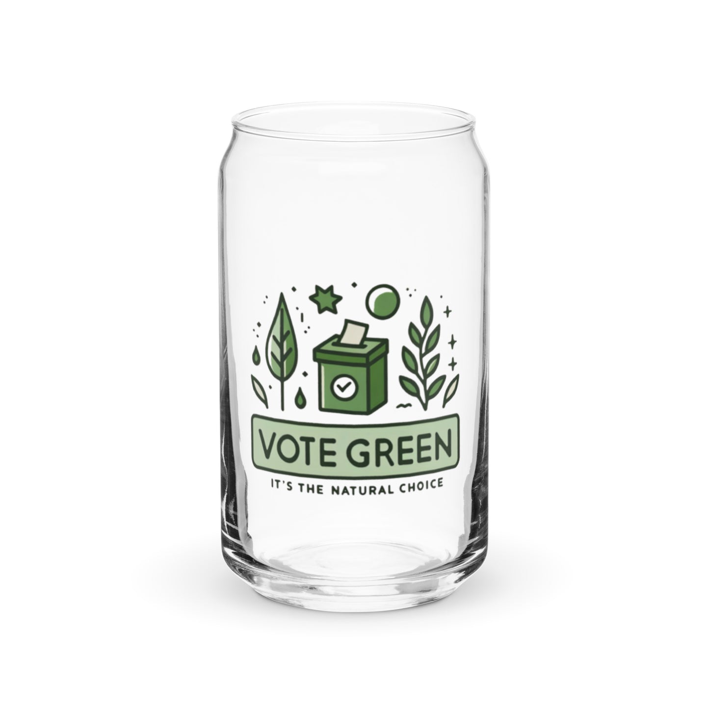 Vote Green Natural Choice can-shaped glass, eco-friendly design promoting sustainability and environmental awareness