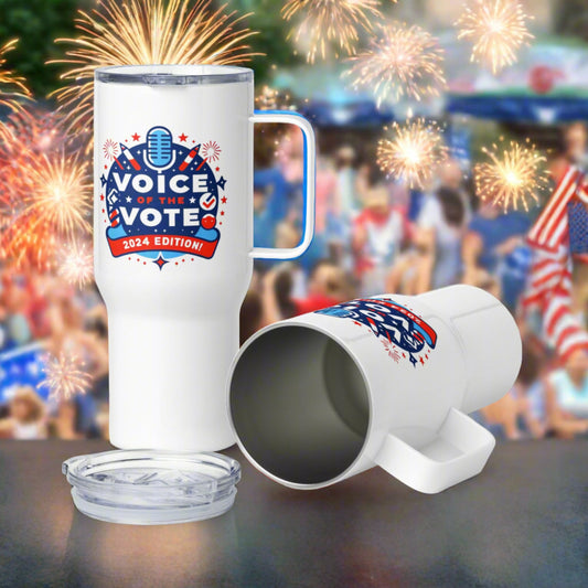 Voice of the Vote 2024 limited edition 4th of July travel mugs featuring patriotic design, promoting voting awareness and eco-friendly products. Shop exclusive political merchandise at vote2024.shop