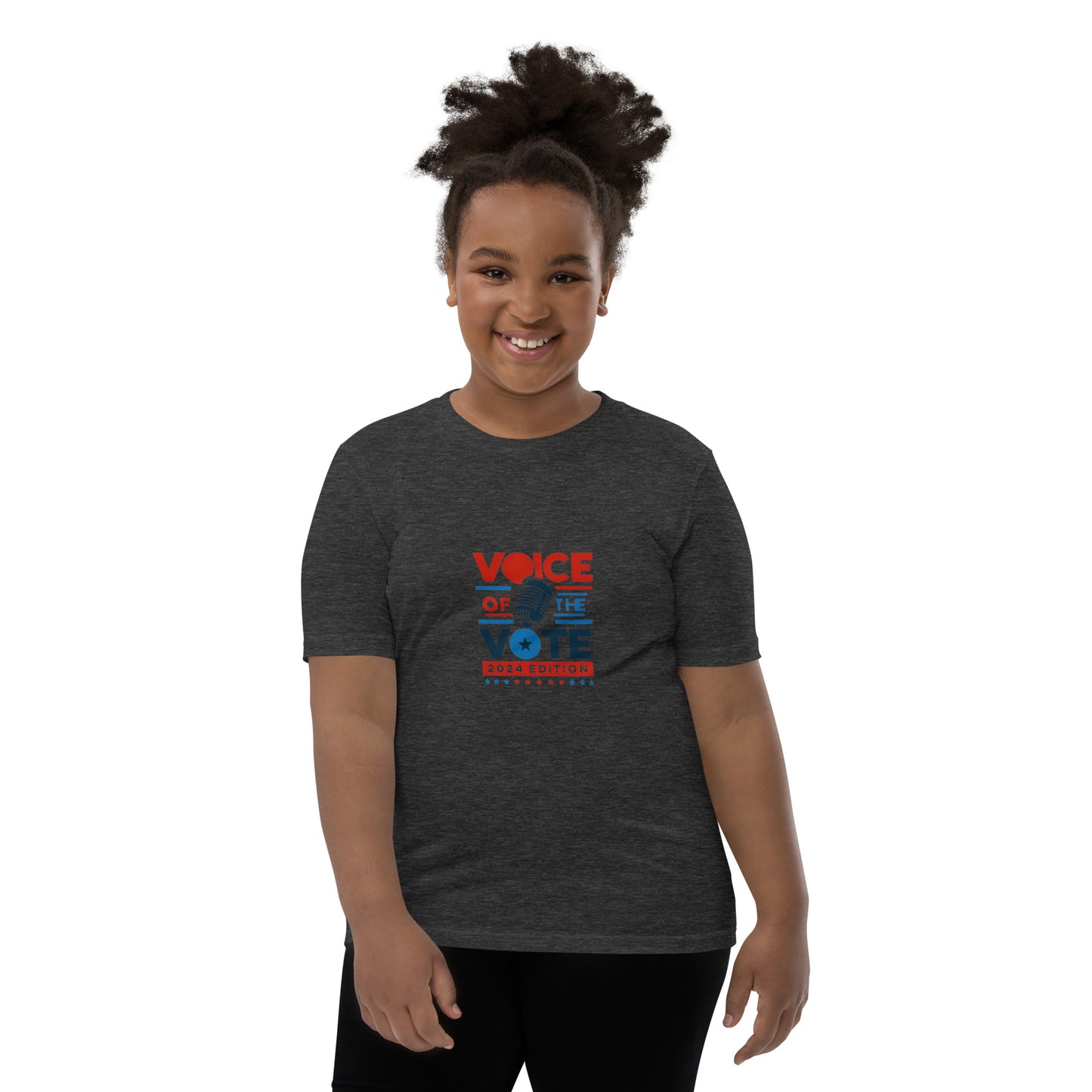 Dark Heather Voice of the Vote 2024 Youth T-Shirt: Signature Debut Design for patriotic kids who love freedom and democracy.